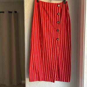 Womens 10 Vintage Silk Midi Skirt Retro Stripe Red Orange Button Front Statement